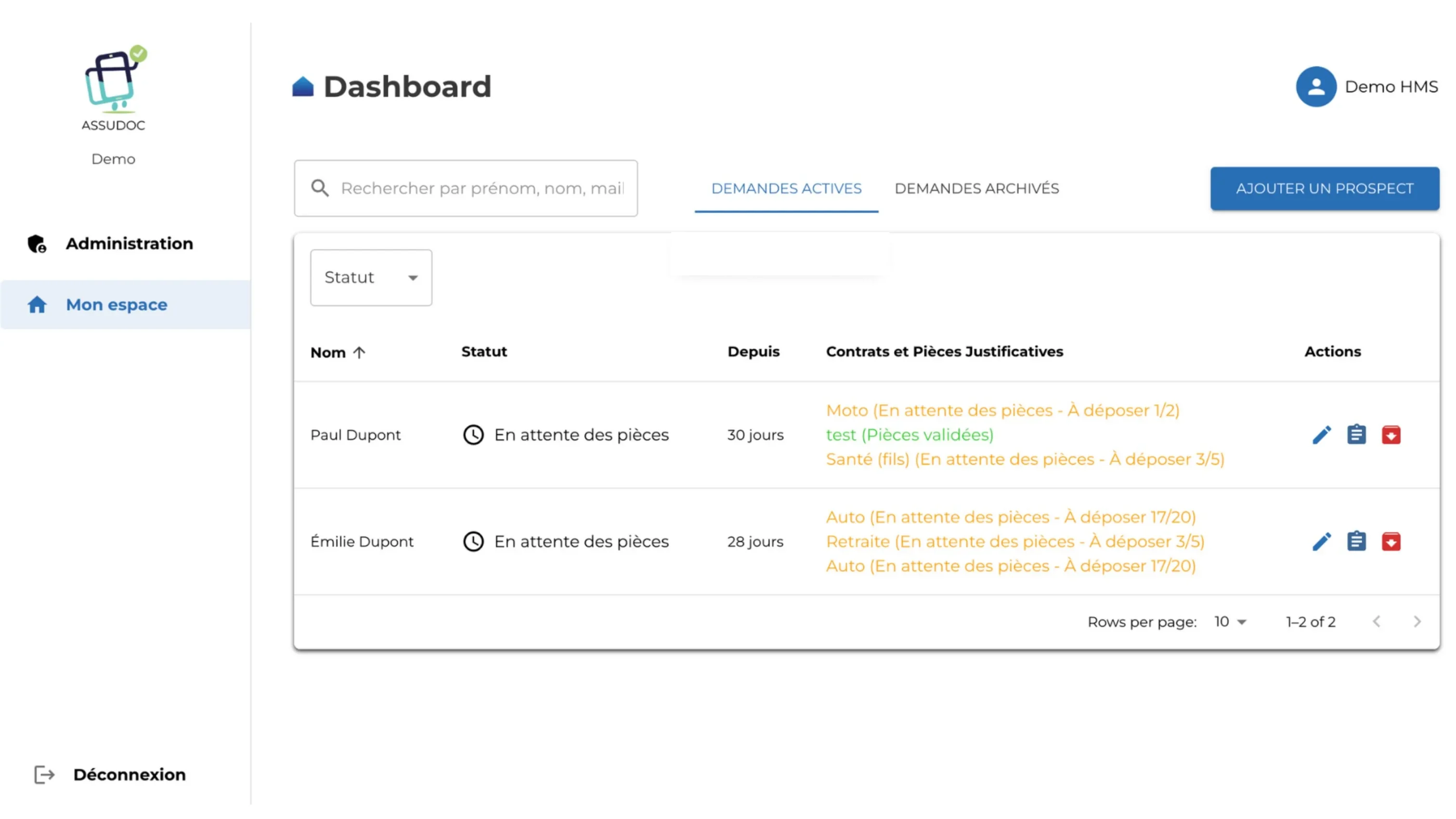 AssuDoc · le tableau des demandes actives, puis le schéma d'ensemble du produit