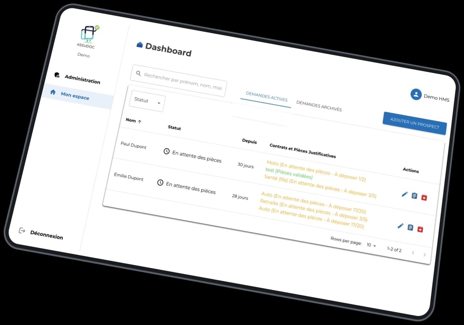 AssuDoc · le tableau des demandes, sur le compte de démonstration