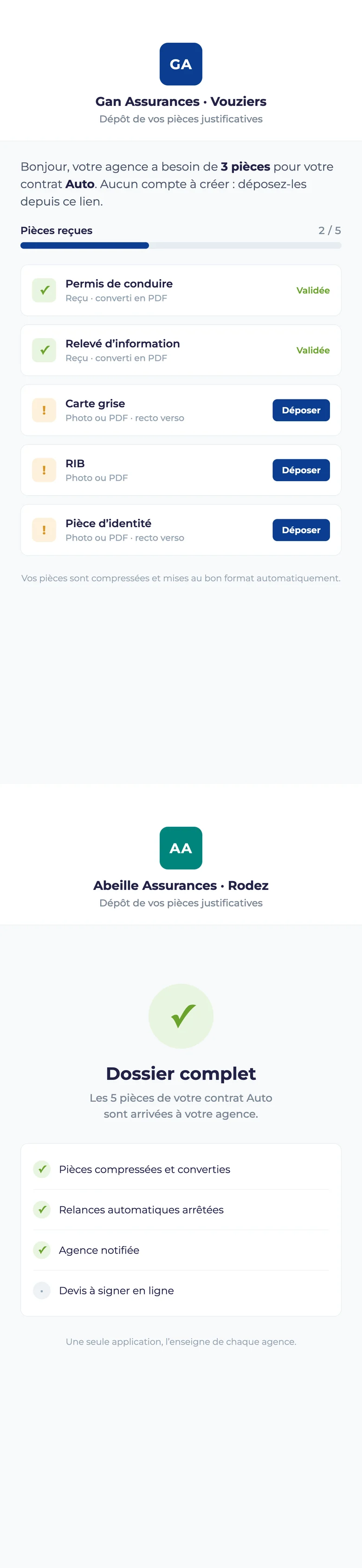 AssuDoc · le dépôt des pièces par l'assuré, reconstitué : la liste des pièces sous une enseigne, puis le dossier complet sous une autre