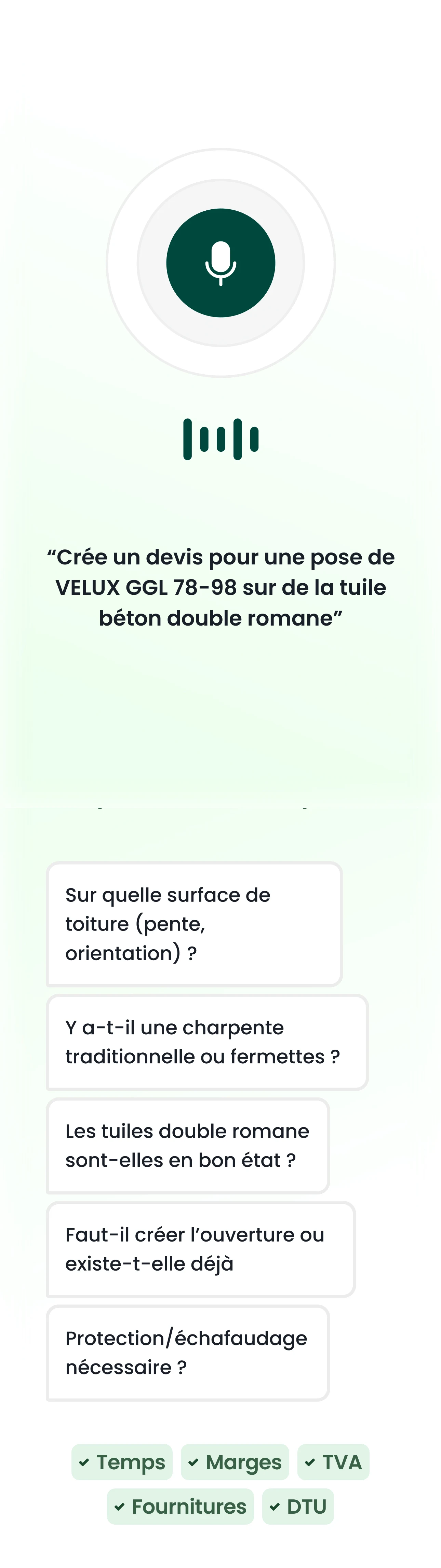 Attix sur mobile : l'écran de dictée vocale, puis les questions de relance sur le chantier