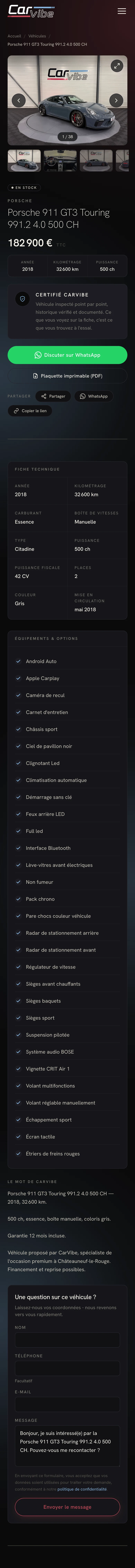 Une fiche véhicule de car-vibe.fr sur mobile · Porsche 911 GT3 Touring