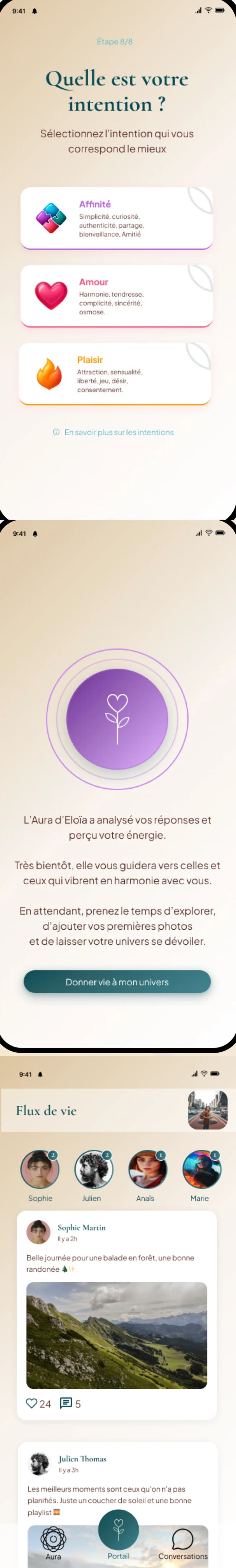 L'app Eloïa · le choix de l'intention, l'Aura et le flux de vie