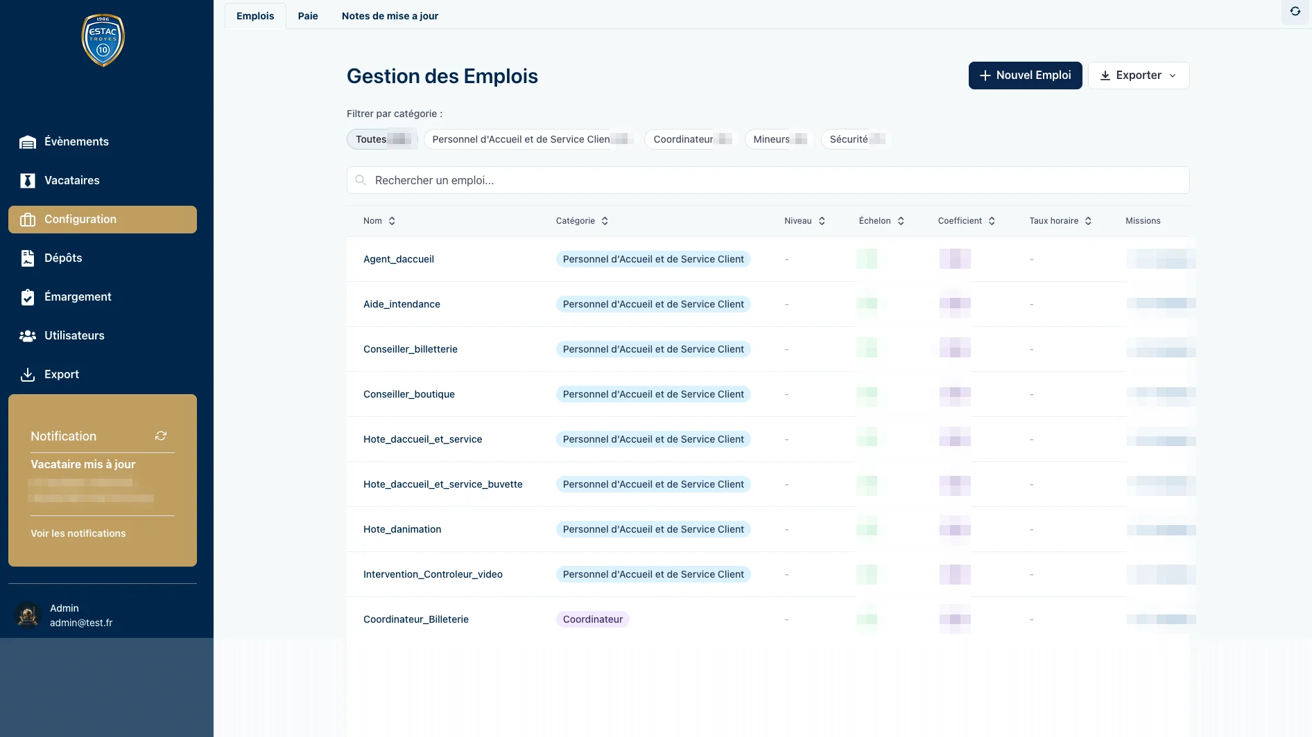Estac Events · l'intérieur du back-office : évènements, émargement, emplois, et le schéma d'ensemble de la plateforme