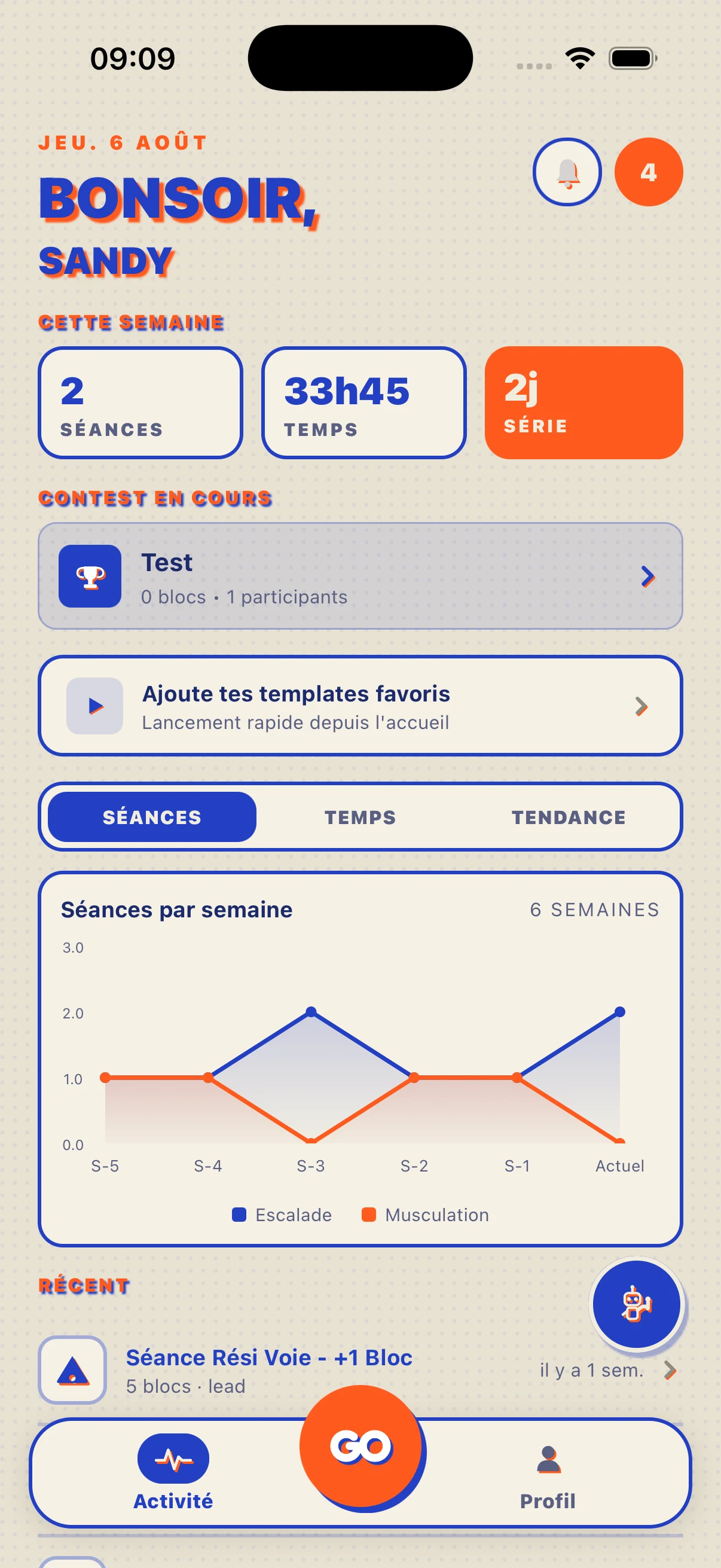 L'écran d'accueil de l'app Kryos : séances de la semaine, contest en cours et suivi de progression