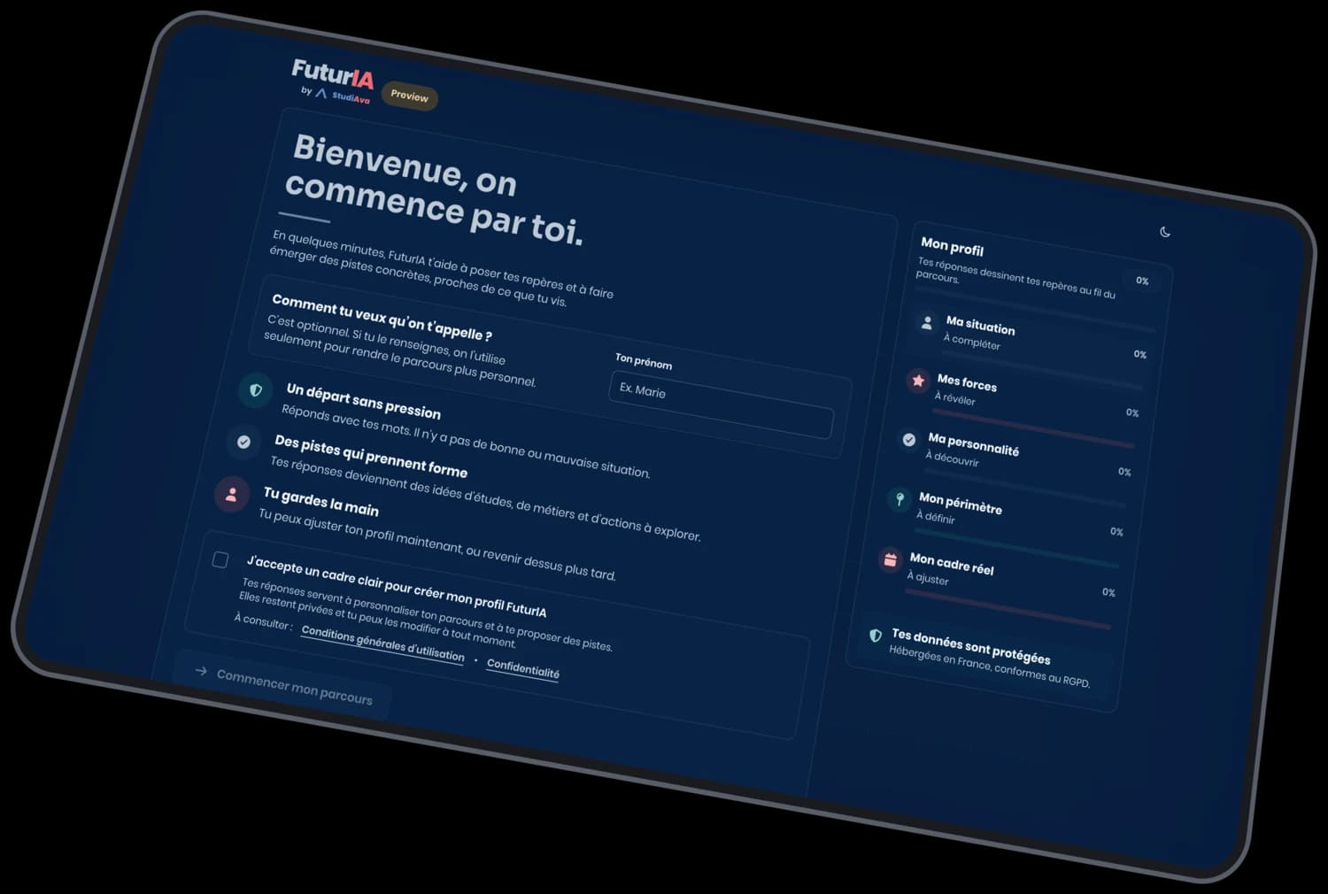 FuturIA : l'écran d'accueil du parcours, en thème sombre