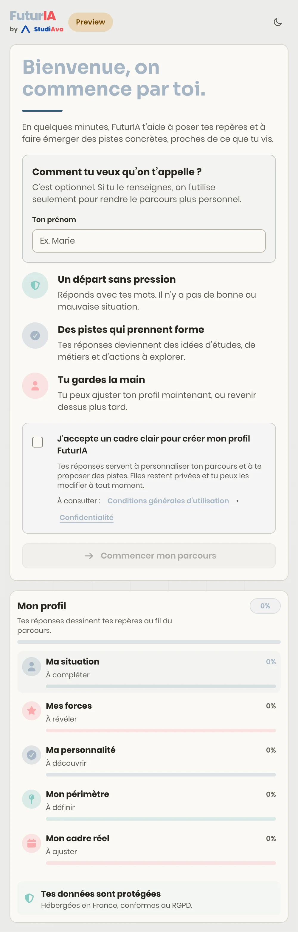 FuturIA sur mobile : l'accueil du parcours, les trois promesses et le consentement